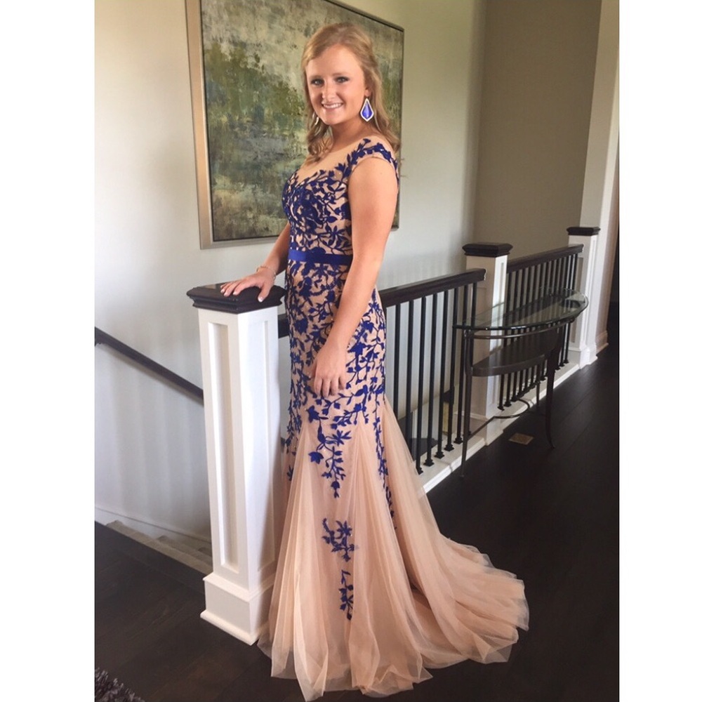 Sherri Hill Mermaid Nude/Blue Floral Dress